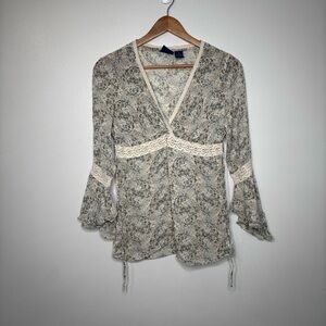 DCC Missy Floral Boho Peasant Top Bell Sleeve Lace Trim Viscose M